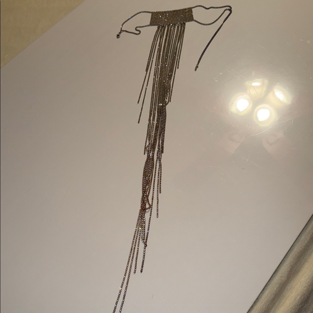 Silver Chain Fringe Necklace Chocker with Multiple Chains and Rhinestones. 23” - Picture 9 of 10